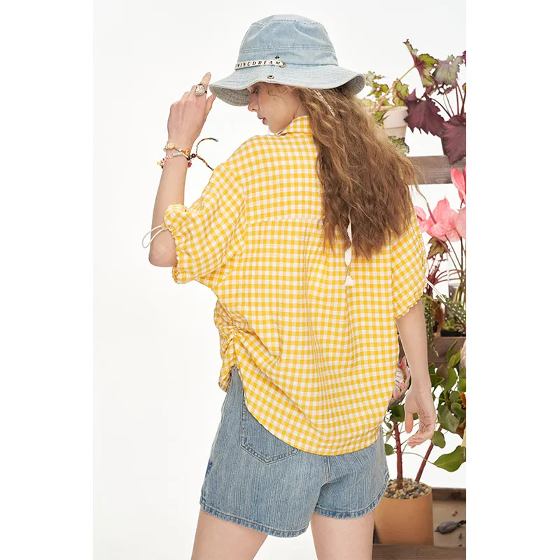 ELF SACK Shirts Women's Pastoral Yellow White Plaid-4