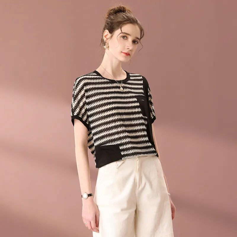 FENHONGMALI 2025 Summer Collection Regular T Shirt Women's Black White Loose Fit-1