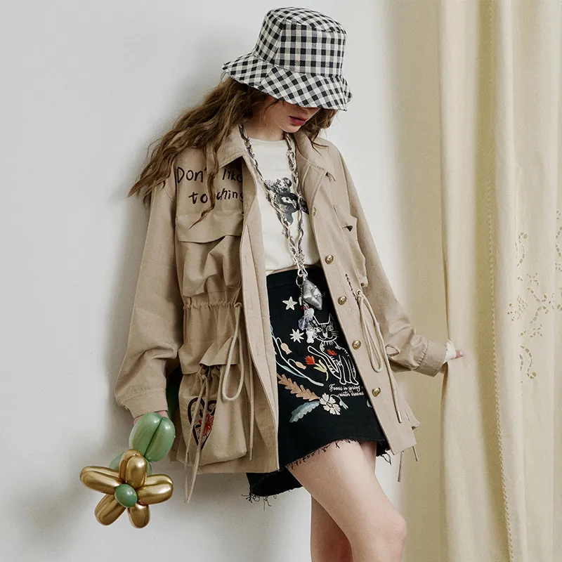 ELF SACK Cropped Coats Women's Khaki Cat-4