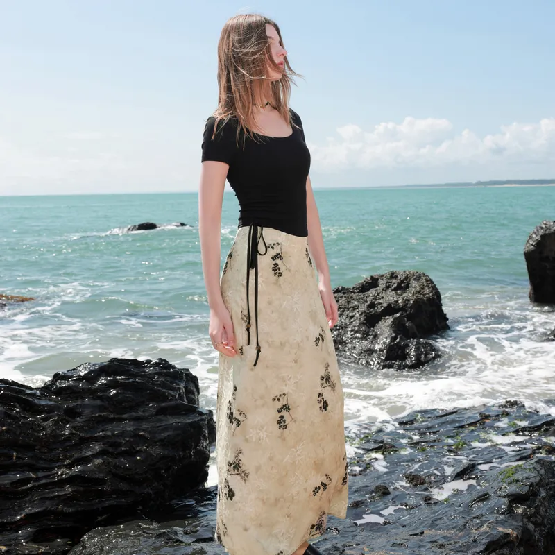 3COLOUR Casual Long Skirt Women's Pea Green Floral-6