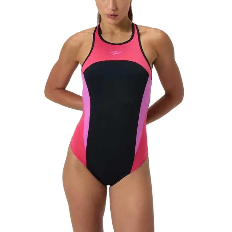 Speedo HighneckSpliceCrossback One piece Swimsuit Women's Black Pink-4
