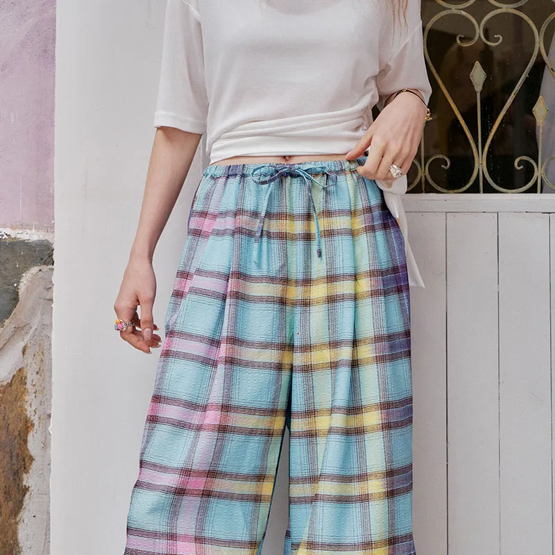 ELF SACK Casual Pants Women's Naughty Blue Pink Plaid-6