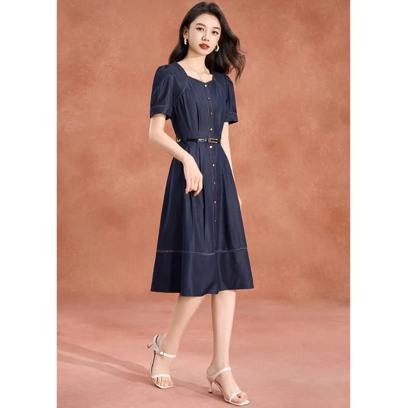 Mylan Short Sleeved Dress Cinched Waist Women's Blue-1