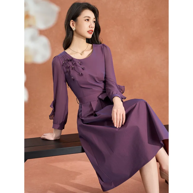Mylan Spring, Summer, Fall Long Sleeved Dress Cinched Waist Women's Purple-3