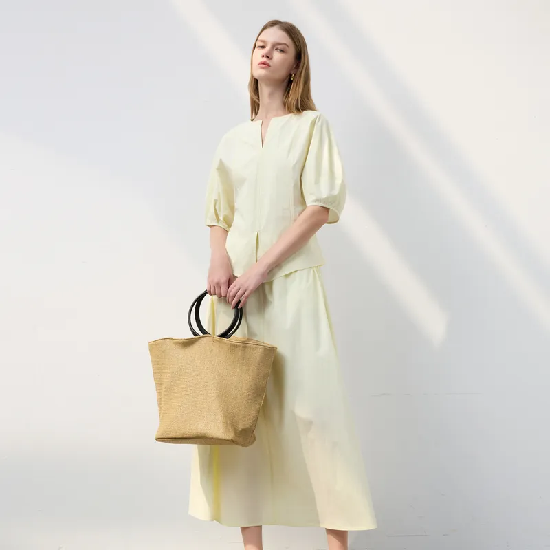 3COLOUR Casual Suits Women's Clothing Set Light Yellow Top+Skirt-4