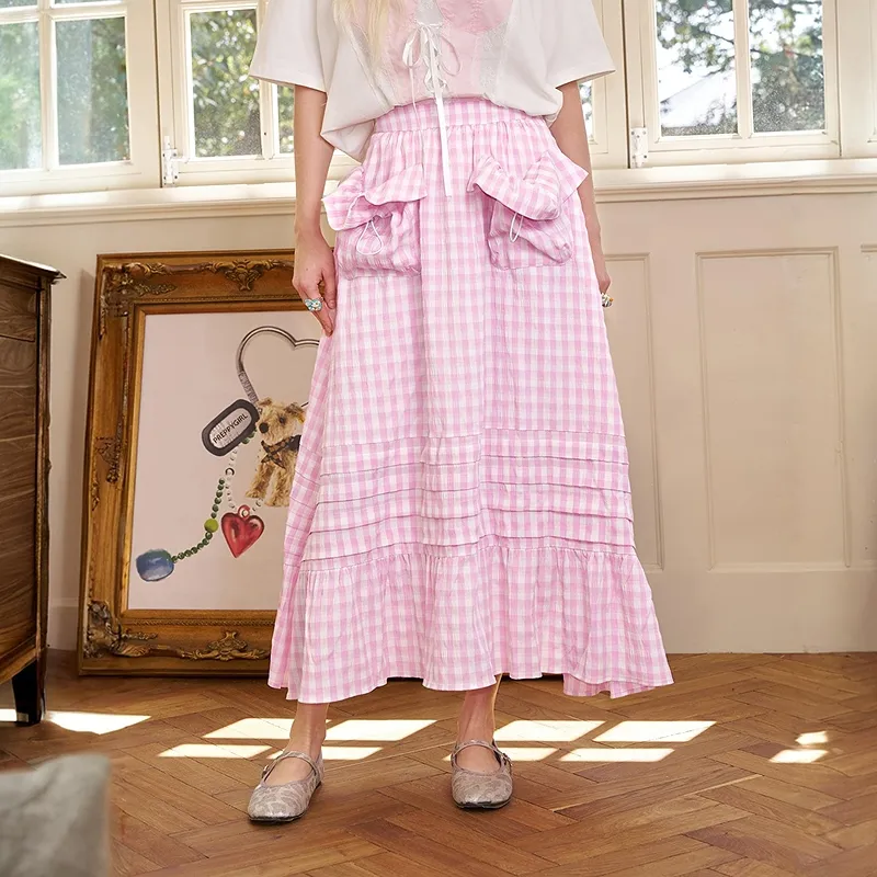 ELF SACK Casual Long Skirt Women's Pink White Plaid-2