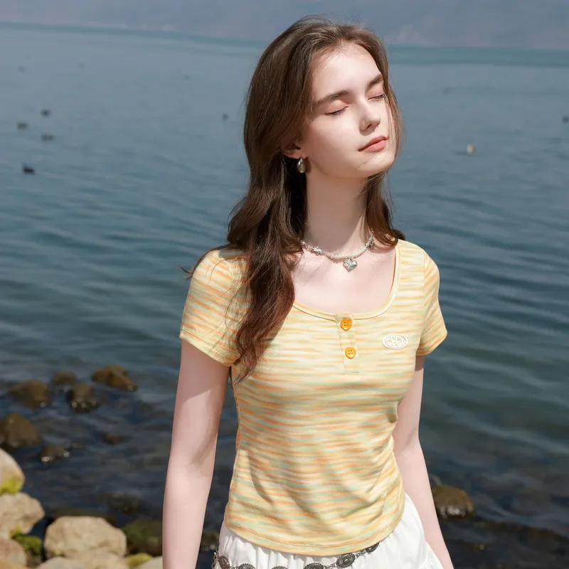 3COLOUR T Shirts Women's Yellow Cream Stripes-5