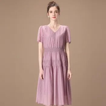 FENHONGMALI Spring Short Sleeved Dresses Cinched Waist Women's Purple