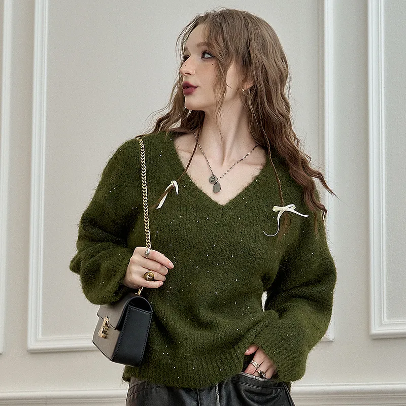 ELF SACK Fuzzy V Neck Pullover Sweater With Fine Sparkle Women's-9