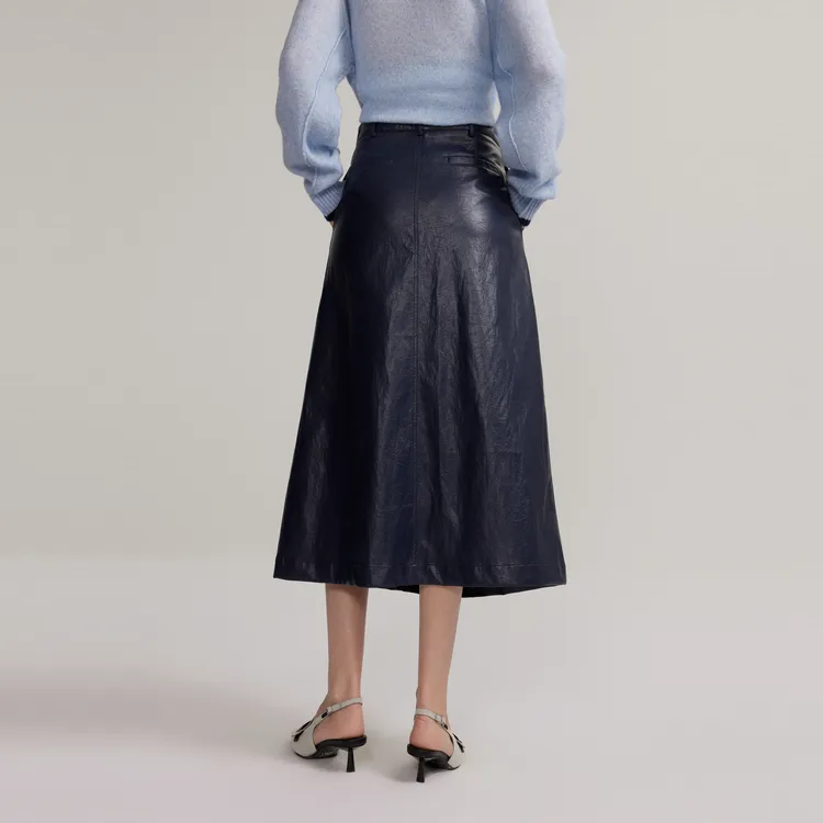 ELLE Leather Long Skirts Women's Navy Blue-5