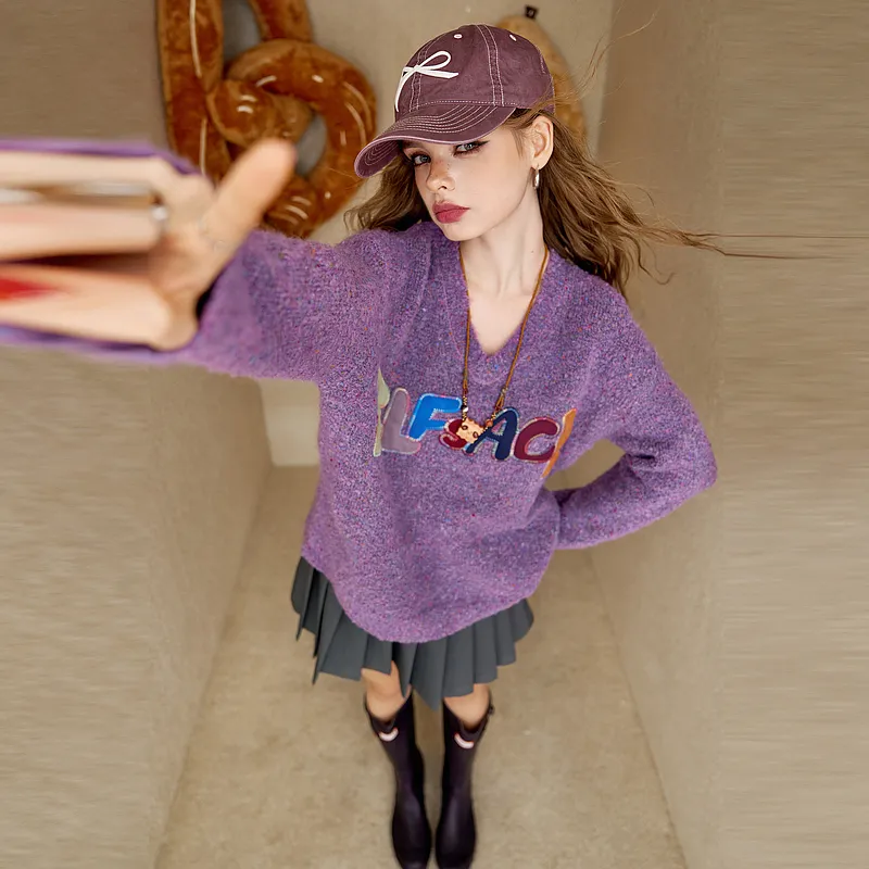 ELF SACK Multicolor Plush Letter Effortless Style Sweater Women's-0
