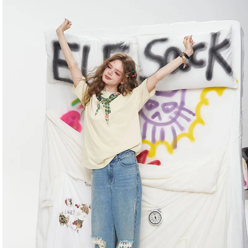 ELF SACK T Shirts Women's Handkerchief Khaki Beige-5