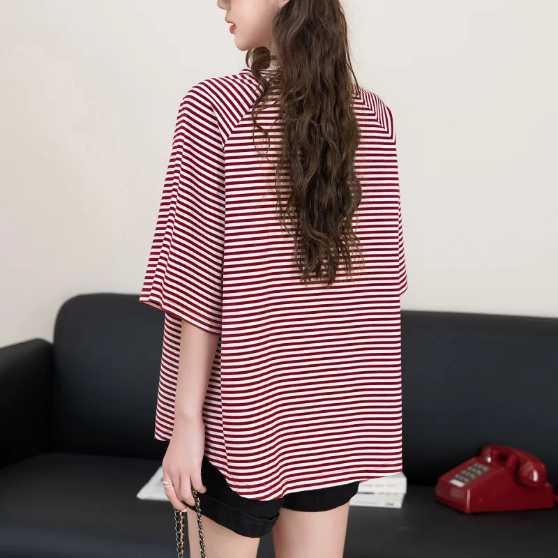 FAWENXIANGZI Summer Raglan Sleeve T Shirt Women's Red & White Loose Fit-5
