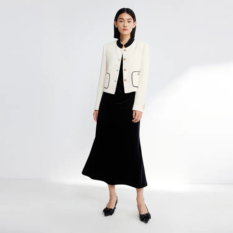 SHUIYUNJIAN Commute Business Double Breasted Short Coat Women's Beige Apricot-4