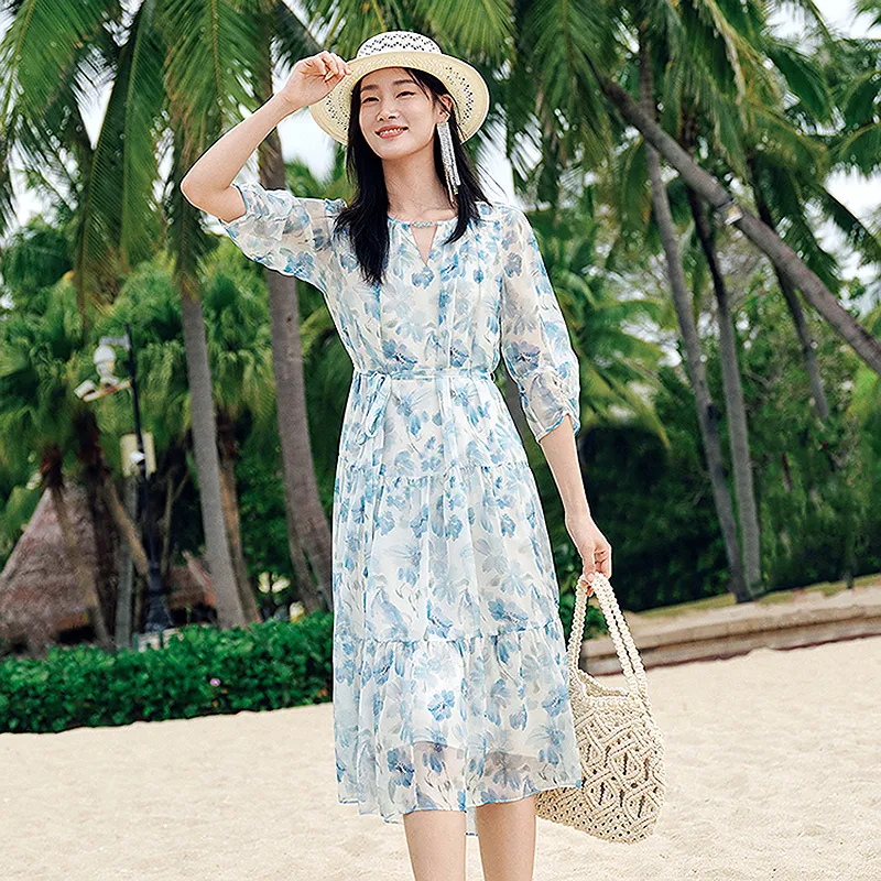 JZ. ANNAKRO Long Sleeved Dress Women's Flower Light Blue-2