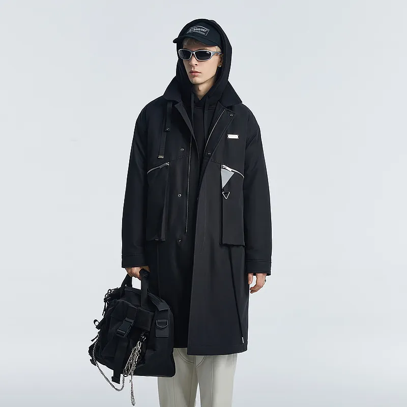 Lilbetter Solid Color Stand Collar Loose Fit Long Puffer Jacket Men's Black-2