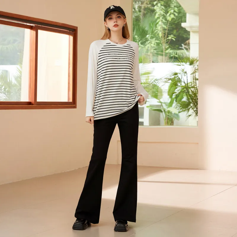 FAWENXIANGZI T Shirt Women's Ecru/Black Stripe-6