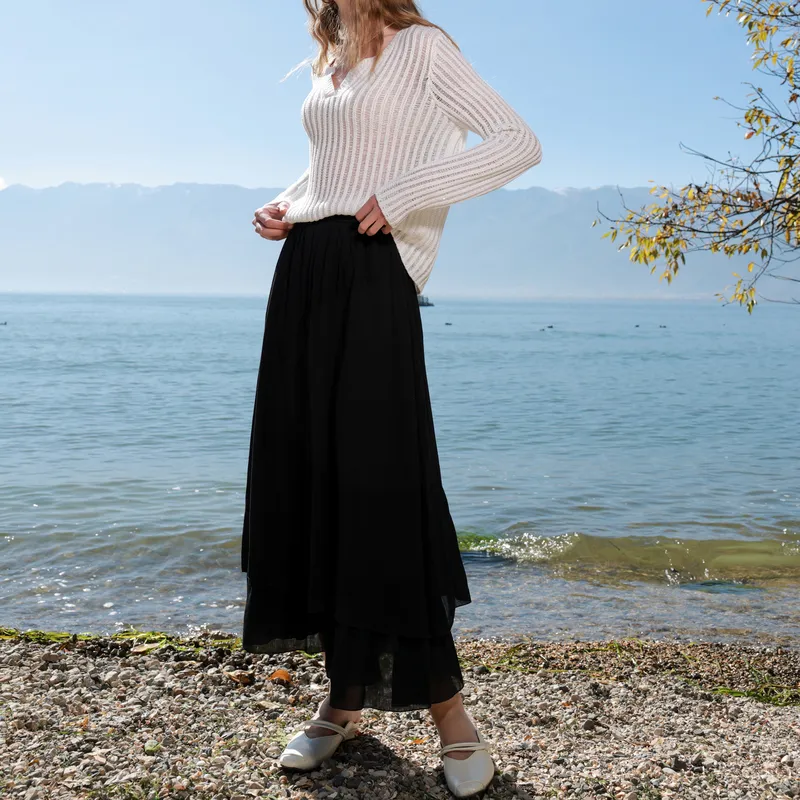 3COLOUR Casual Long Skirt Women's Classic Black-3