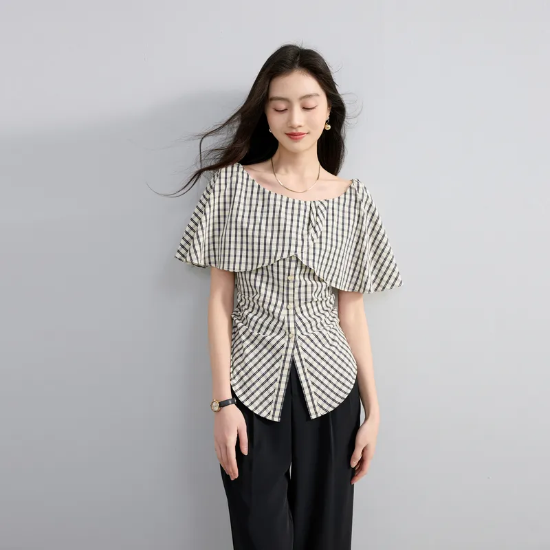 3COLOUR Chiffon Shirt Women's Black Rice Plaid-6