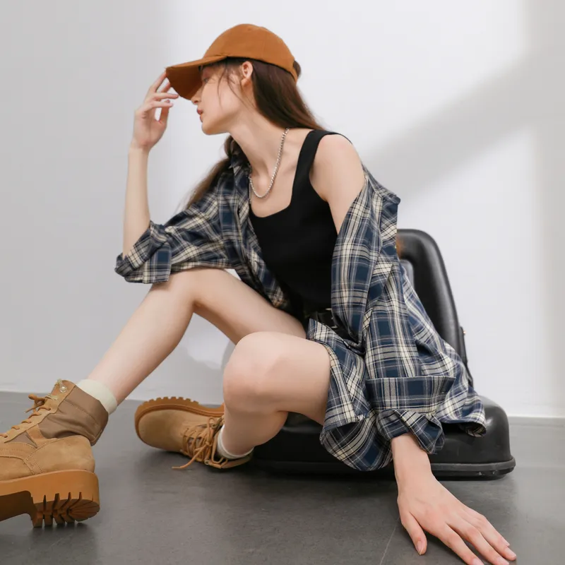 3COLOUR Shirt Women's Navy Blue Plaid-2