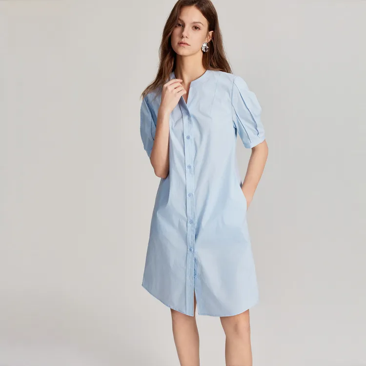 ELLE Summer New Arrival Long Sleeved Dress Women's Blue-4