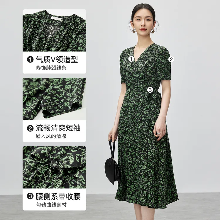 SENTUBILA Short Sleeved Dresses Women's Black With Green Floral-5