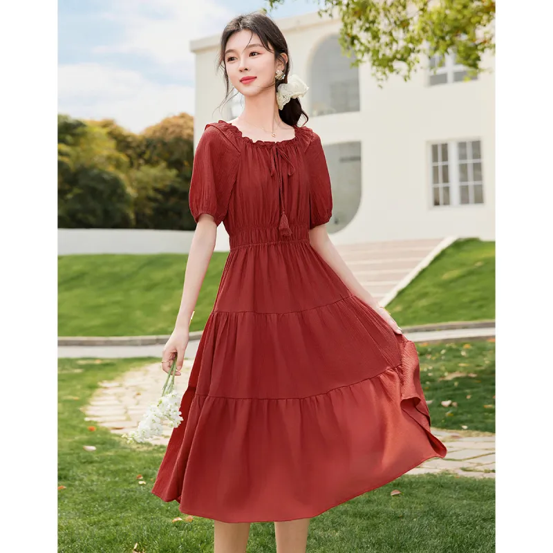 Like The Age Of Water Summer Short Sleeved Dress Slim Fit Women's Red-1
