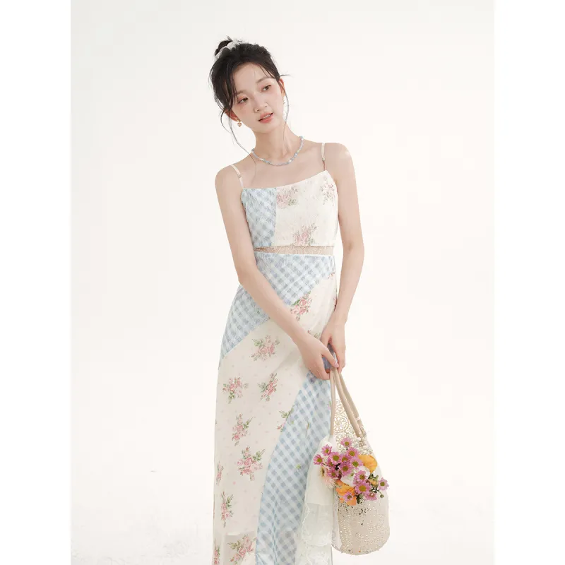 TOUCH MISS Slip Dress Women's Blue And White Plaid Floral-5