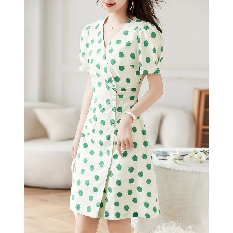 Like The Age Of Water Summer Short Sleeved Dress Slim Fit Women's Green-2