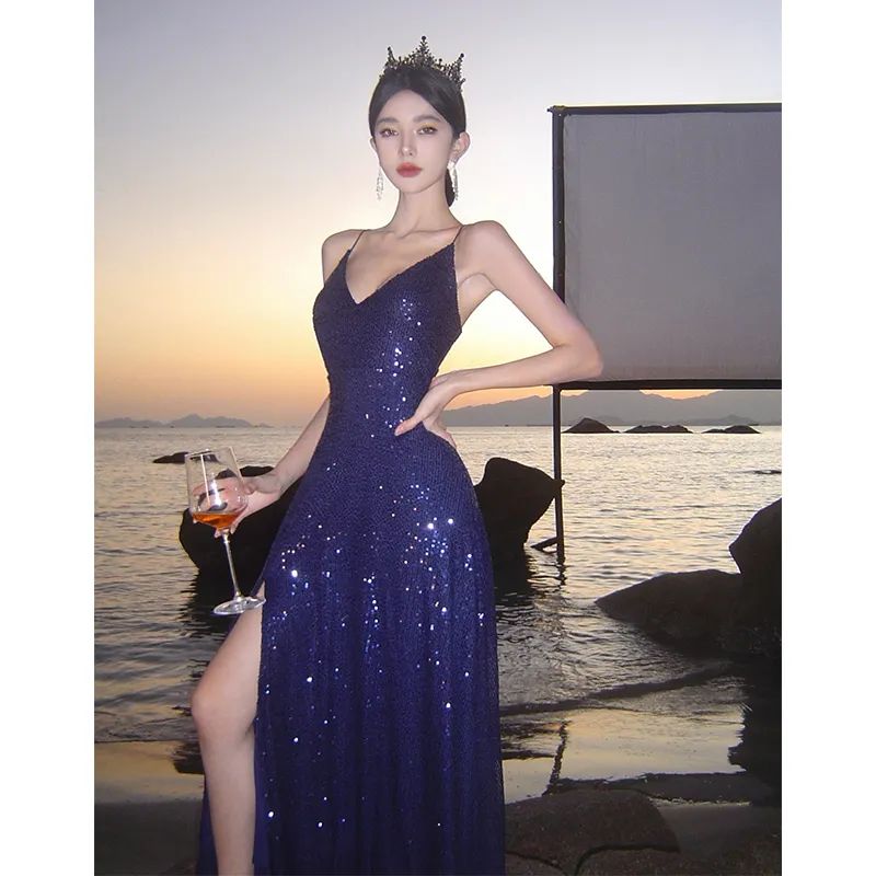 XIANSINIAO Slip Dresses Women's Blue-5