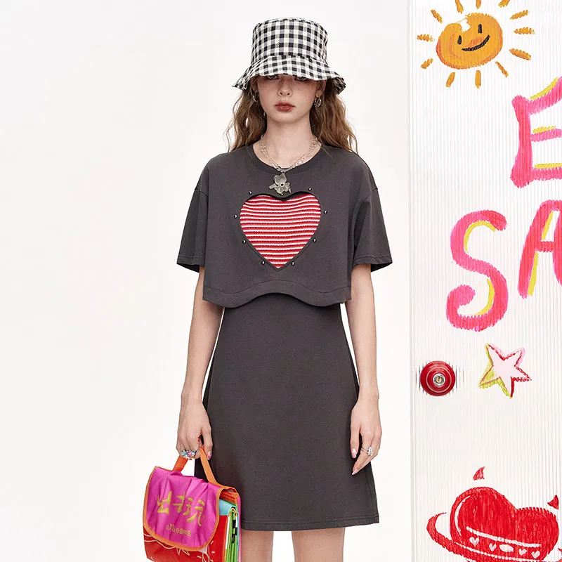 ELF SACK Short Sleeved Dress Women's Heart Gray-4
