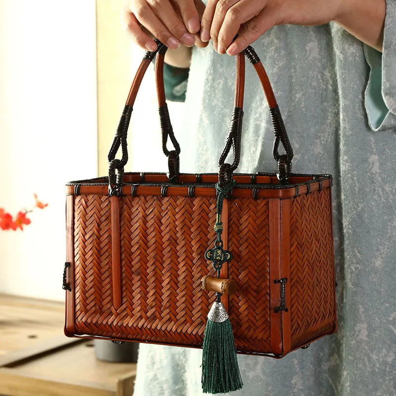Boniu Linen Patchwork With Bamboo Handbag Regular Unisex Brown-2