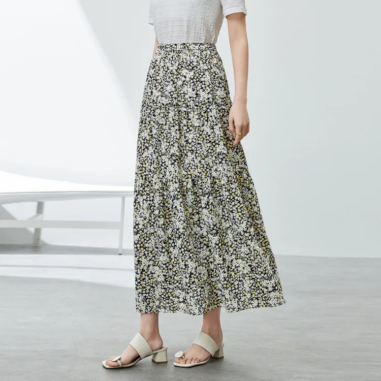 SENTUBILA Casual Long Skirts Women's Black With Yellow Floral-4