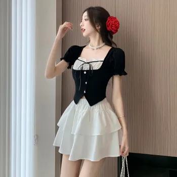 XIANSINIAO Two Piece Skirt Sets Women's Black+White Clothing Sets