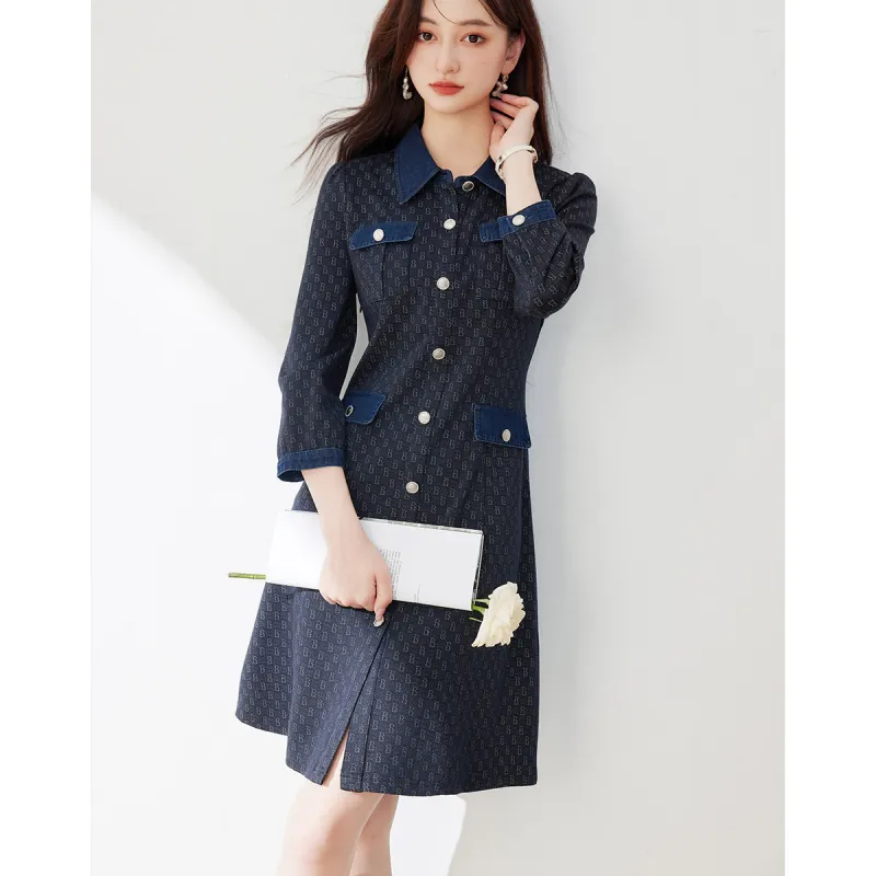 Like The Age Of Water Long Sleeved Dress Loose Fit Women's Navy Blue-3
