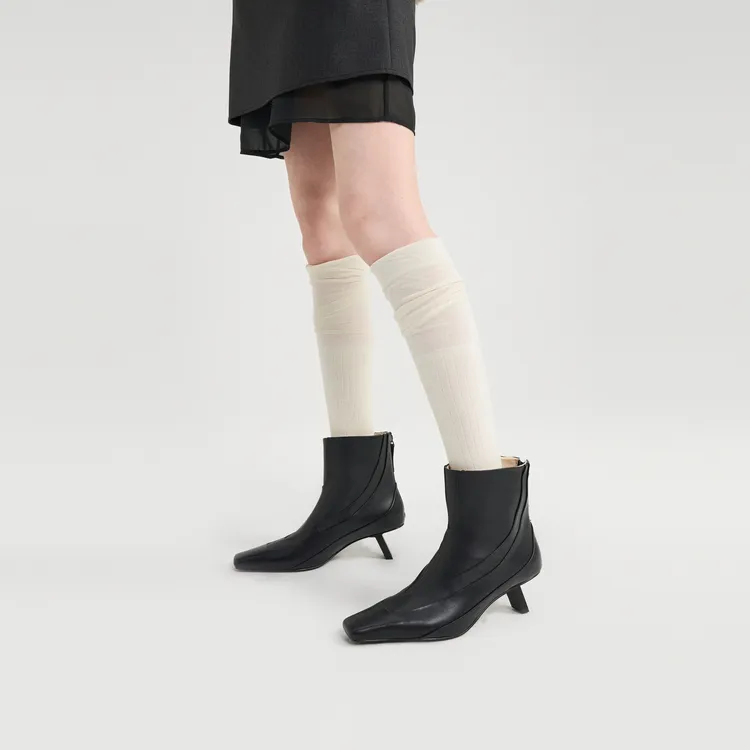 Lost In Echo Fashion Black Cat Heel Height Pointy Square Toe Ankle Boots-3