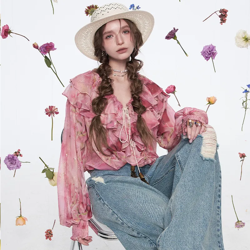 ELF SACK Chiffon Shirt Women's Floral Pink-4