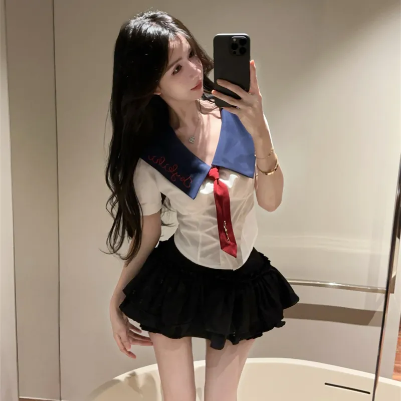 XIANSINIAO Two Piece Skirt Sets Women's White Shirt With Tie+Black Skirt Set-1