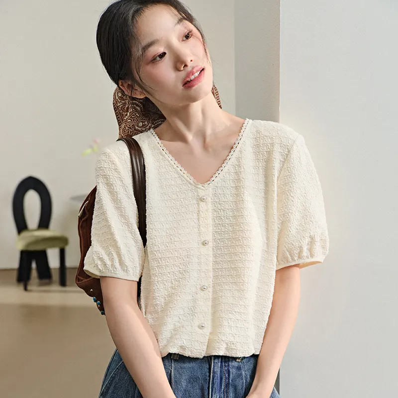 KUOSE Puff Sleeve T Shirt Women's Beige Apricot-4