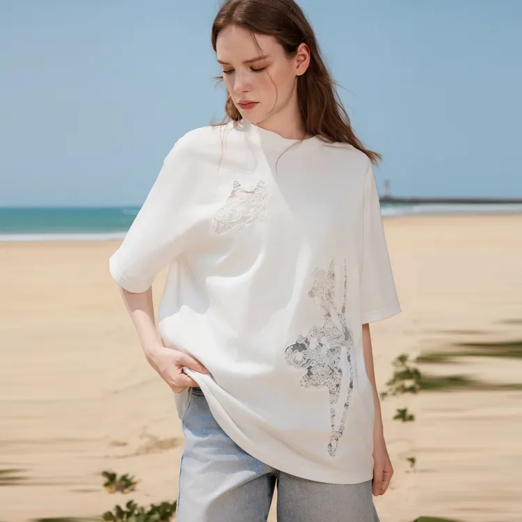 ELLE Drop Shoulder Sleeve T Shirt Women's White-3