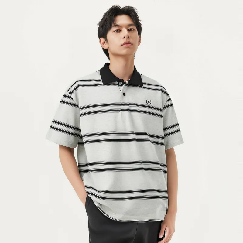 Gxg Jeans Polo Shirts Men Gray Base With Black Stripes-2