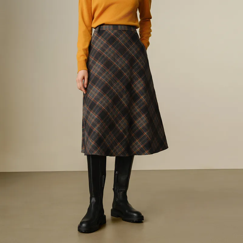 JZ. ANNAKRO Casual Long Skirts Women's Plaid Yellow Green-4