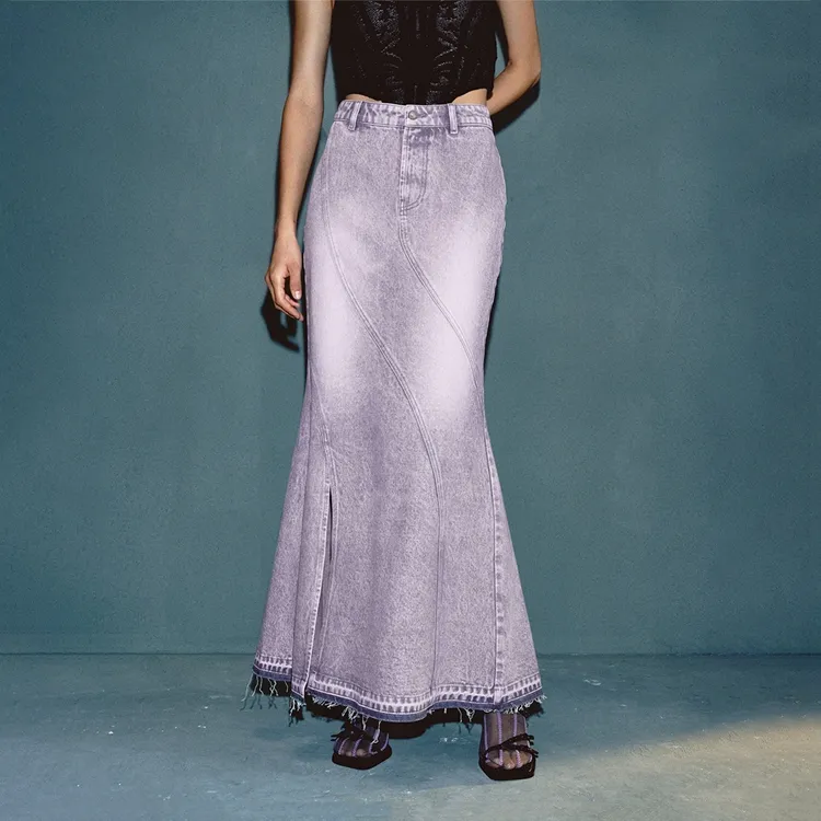 URBAN REVIVO Denim Long Skirt Women's Smoky Purple-2