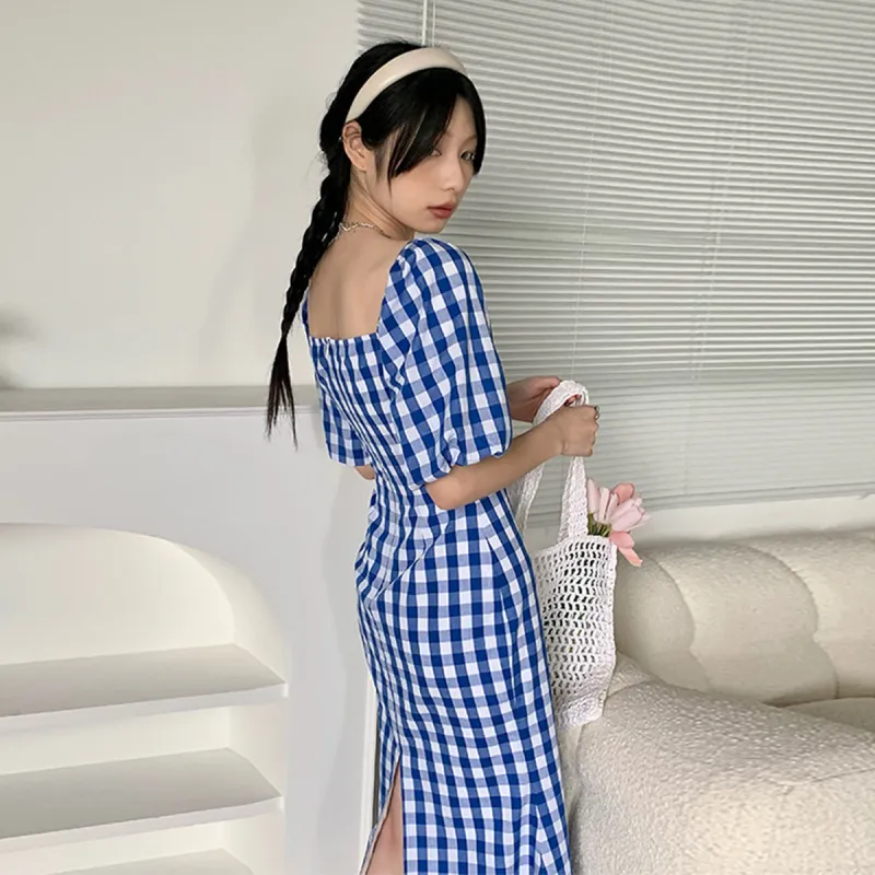 Like The Age Of Water Summer Short Sleeved Dress Loose Fit Women's Dark Blue-1