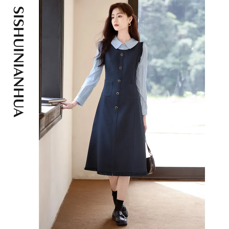 Like The Age Of Water Short Sleeved Dress Regular Women's Navy Blue-1