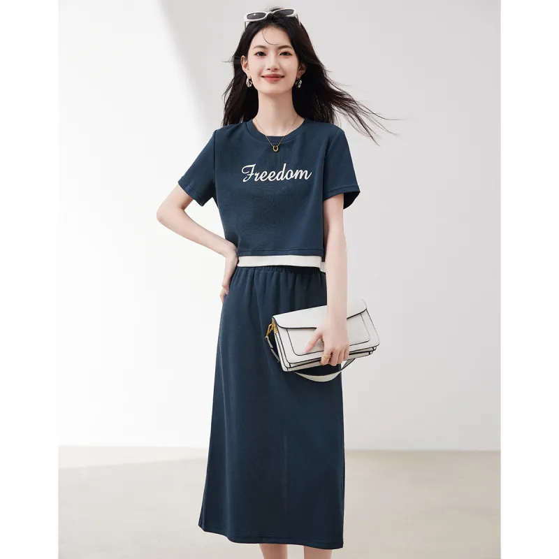 Like The Age Of Water Short Sleeved Dress Women's Navy Blue-2