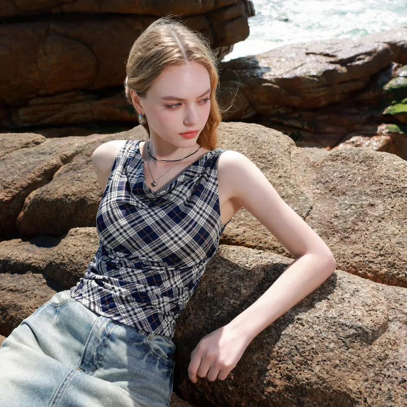 3COLOUR T Shirt Women's Navy Blue Plaid-4