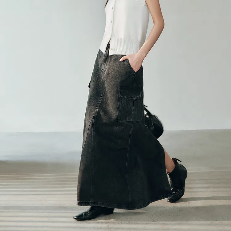 PEACEBIRD Denim Long Skirts Women's Denim Medium Black-3