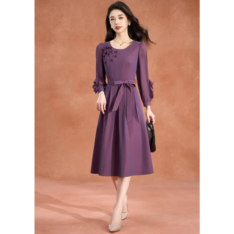 Mylan Spring, Summer, Fall Long Sleeved Dress Cinched Waist Women's Purple-5
