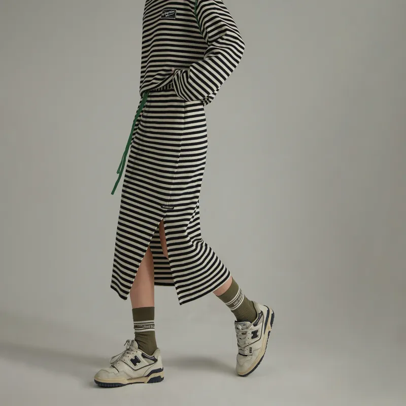 NO ONE ELSE Casual Long Skirts Women's Black White Stripes-2